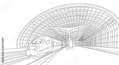 High speed train at modern station in linear art style