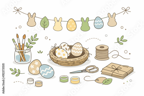 Easter sustainable decorations. A calm table scene with hand-painted eggs, paper garlands, and natural twine, made from recycled or