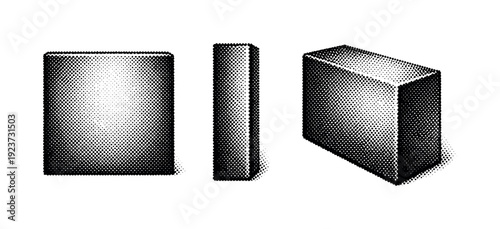 Three dimensional geometric shapes in halftone dot pattern, isolated on white background