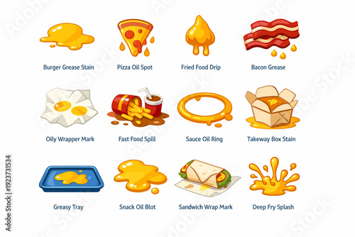 FoodGrease. Colorful flat vector icons set of food grease: burger grease stain, pizza oil spot, fried food drip, bacon grease, oily wrapper mark, fast food