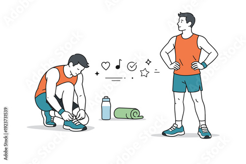 Fitness lifestyle. A runner adjusting laces and checking posture, preparing mentally before exercise. Clean editorial scene showing