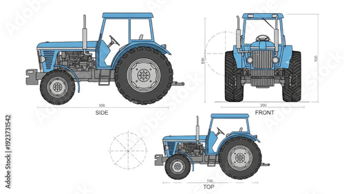 Detailed vehicle autocad blueprint of a tractor from multiple viewpoints and angles