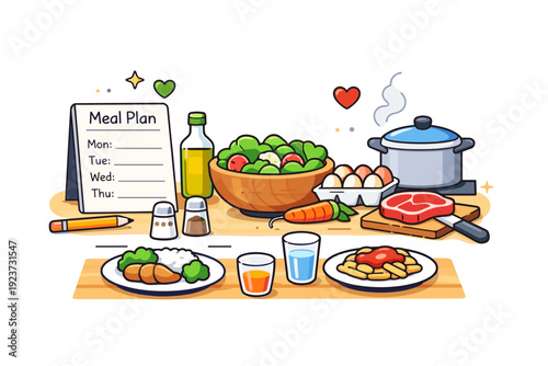 Meal planning and cooking for families warm home routine with a shared kitchen table, simple meal plan notes and fresh ingredients coming