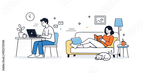 Couples parallel activities at home. One person works on a laptop while the other relaxes with a book on the sofa. Calm domestic rhythm and
