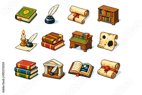 Classic literature. Colorful isometric vector icons set of Classic literature: vintage book cover, quill pen, parchment scroll, old library