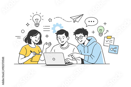 Startup teamwork. Small team collaborating around a laptop with shared ideas and notes. Innovation, openness, friendly startup culture,