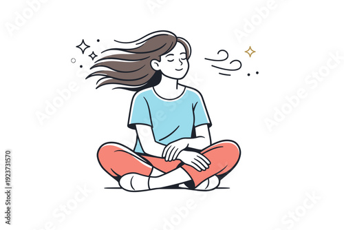 People hair moved by air. A seated figure with loose hair softly flowing backward, eyes relaxed, body still. Gentle wind and peaceful pause captured in motion.