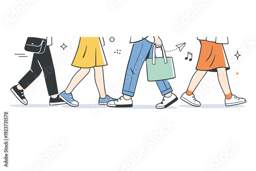 People partially cut by frame. Pedestrians passing by, legs and feet only, cropped at waist level. Urban rhythm suggested through movement and spacing.