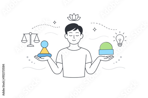Balanced Mindset Illustration. Mental resilience emotional balance. A person holding abstract shapes evenly in both hands, relaxed and centered stance. The