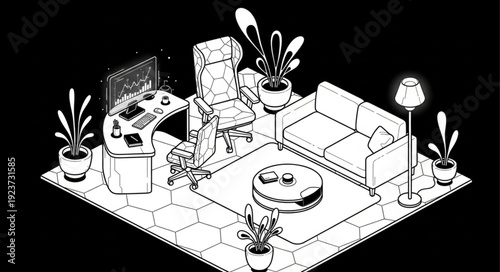 Isometric living room illustration with furniture arrangement and decorative plants, black and white.