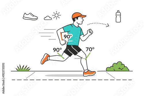 Fitness form observation. Runner on sidewalk with motion flow lines and angle indicators for arms and legs, calm and instructional mood.