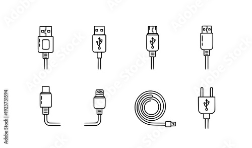 Minimal USB Cable Line Icon Set Vector for Apps, Cards, and Banner Design