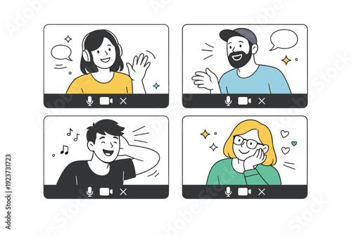 Casual online meeting atmosphere. Participants are slightly off-center in their webcam frames, reacting naturally with gestures and facial