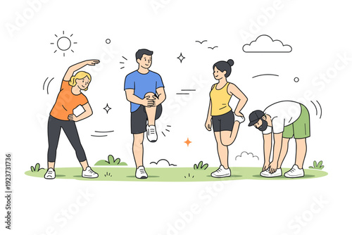 Outdoor fitness with people. A small group exercises together in a park, stretching and warming up on the grass. Fresh air atmosphere with friendly energy and