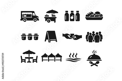 Street food and farm stalls. Solid icon set of street food and farm stalls: food truck stall, street vendor cart, fresh juice bottles, baked