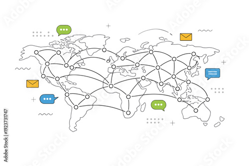 Global communication network. Clean map with evenly distributed connection points, showing messaging and information sharing worldwide. The