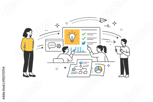 Hidden influence in teamwork. A character stands slightly aside while ideas they suggested move forward on screens and documents. Quiet