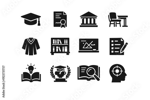 Academic Life. Solid icon set of academic life: graduation cap, thesis document, university building, student desk, academic gown, library