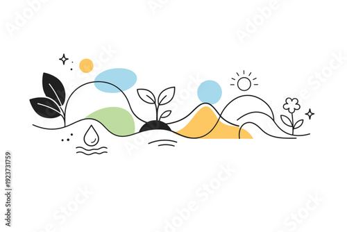 Organic Geometry Art. Abstract natural geometry. Editorial-style layout with simplified organic shapes connected by smooth curves, suggesting growth and