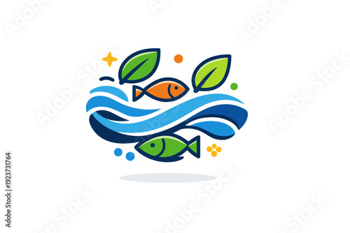 Rainforest river biodiversity represented by flowing water paired with leaves and fish shapes, symbolizing interconnected habitats and