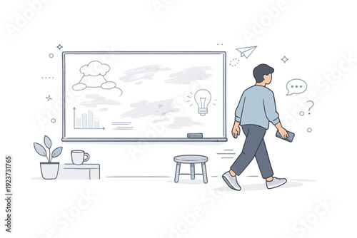 Whiteboards partially erased. Workspace with person stepping away from a whiteboard mid-brainstorm, eraser still in hand. Visual pause in creative or
