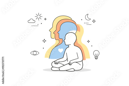 Inner self reflection concept. A minimalist figure sits quietly while layered silhouettes or outlines represent different aspects of identity. The mood is