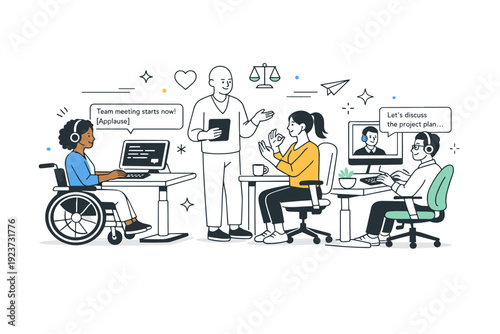 Inclusive office collaboration. A team collaborates using accessible digital tools, such as live captions and ergonomic workstations, subtle