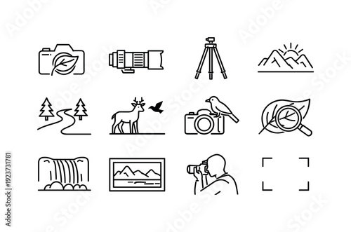Nature Photography. Line icon set of Nature Photography: camera with leaf, telephoto lens, tripod, mountain sunrise, forest path, wildlife
