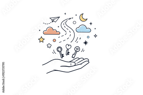 Experience-based value concept. A symbolic illustration showing an open hand releasing objects like keys, while abstract shapes like clouds,