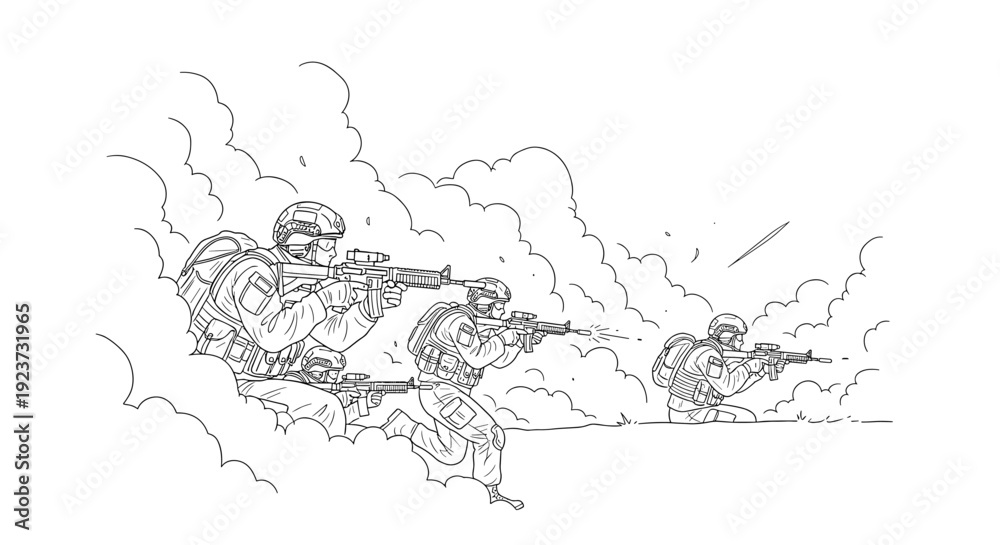 Obraz premium Line art of soldiers advancing in combat with weapons drawn and detailed gear