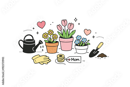Mother?s Day plant potting rituals. Minimal spring setup with potted flowers, watering can, and small decorative hearts. Soft celebratory feeling blending