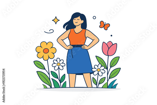 Women empowerment spring concept confident woman standing among blooming flowers, symbolizing growth, strength and new beginnings with a calm