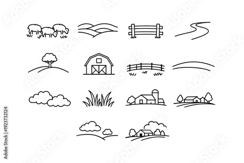Pastoral Scene. Line icon set of Pastoral Scene: grazing sheep, gentle hills, country fence, winding trail, lone tree hilltop, barn outline,