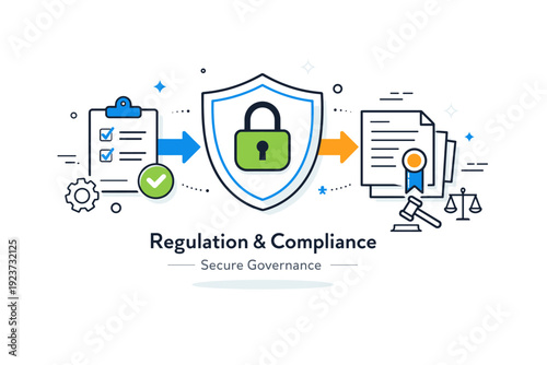 Regulation and compliance diagrams ? secure governance. Shield and lock symbols combined with documents and flow arrows, representing