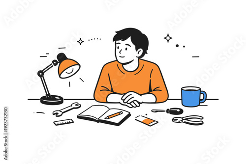 Pause after action. End-of-day desk scene with dimmed light, scattered tools, and someone sitting in silence, gazing slightly away. The scene