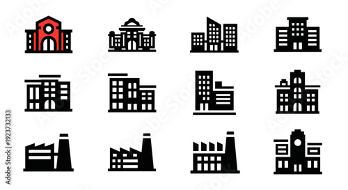 Minimalist assorted buildings silhouette set for urban icons and architectural design