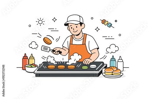 street food cooking. A vendor flipping food on a sizzling grill, small motion lines and decorative smoke puffs, calm and inviting scene