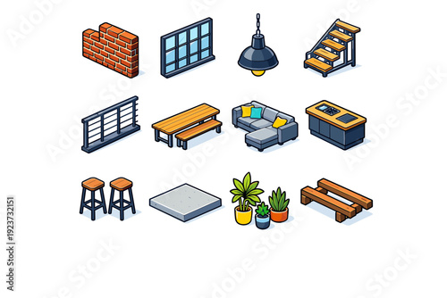 Loft Open Space. Colorful isometric vector icons set of Loft Open Space: exposed brick wall, large windows, industrial lamp, open staircase,