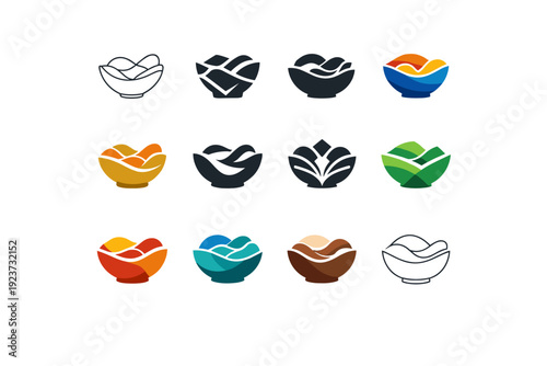 Using decorative bowls for a stylish touch. Icon set. Set Logo of Using decorative bowls for a stylish touch: bowl with organic shapes.