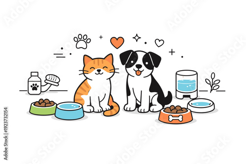Caring for cats and dogs. Food bowls, water, and calm pets appear in a tidy setup, highlighting responsible and loving care. The scene feels
