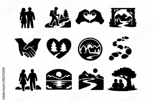 Together Outdoors. Solid icon set of Together Outdoors: couple silhouette, hiking trail, bonding symbol, nature frame, hand holding icon,