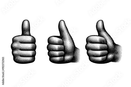 Gadget review thumbs up icon shown from front view, side view, and three-quarter view as a single object set. Black and white dot style with