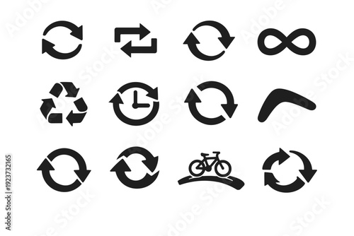 Cycle and repeat. Solid icon set of cycle and repeat: circular arrows, refresh, repeat symbol, reload, loop, infinity symbol, recycle sign,