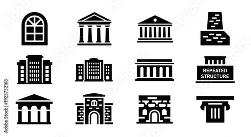 Silhouette icons of architectural buildings: classic and modern styles for design projects