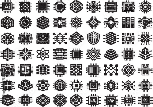 AI Microchip and Quantum Processor Solid Icon Set for Tech Design