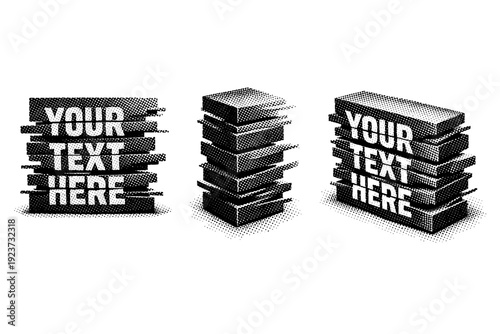 Glitch text panel element with sliced typography placeholder blocks shown from front view, side view, and three-quarter view as a single