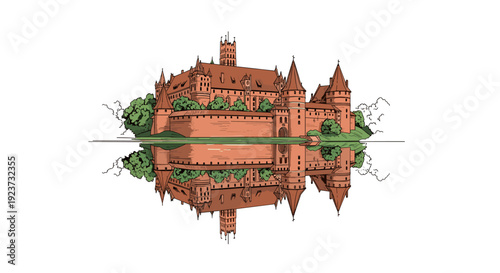 Historic castle reflection with intricate architectural detailing in sketch style