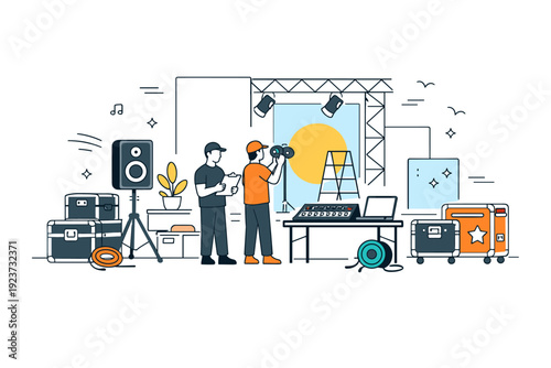 Backstage festival preparation. Abstract view of stage panels, sound equipment, and storage cases before a spring event. Organization,