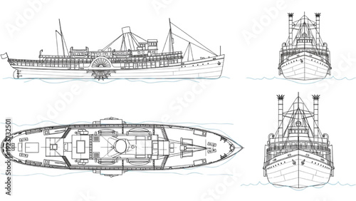 Detailed vehicle autocad blueprint of a cargo ship from multiple viewpoints and angles