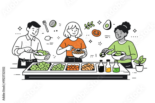 Office salad bar. Employees serving themselves from a salad station with fresh greens and toppings, small floating vegetable and fork icons,